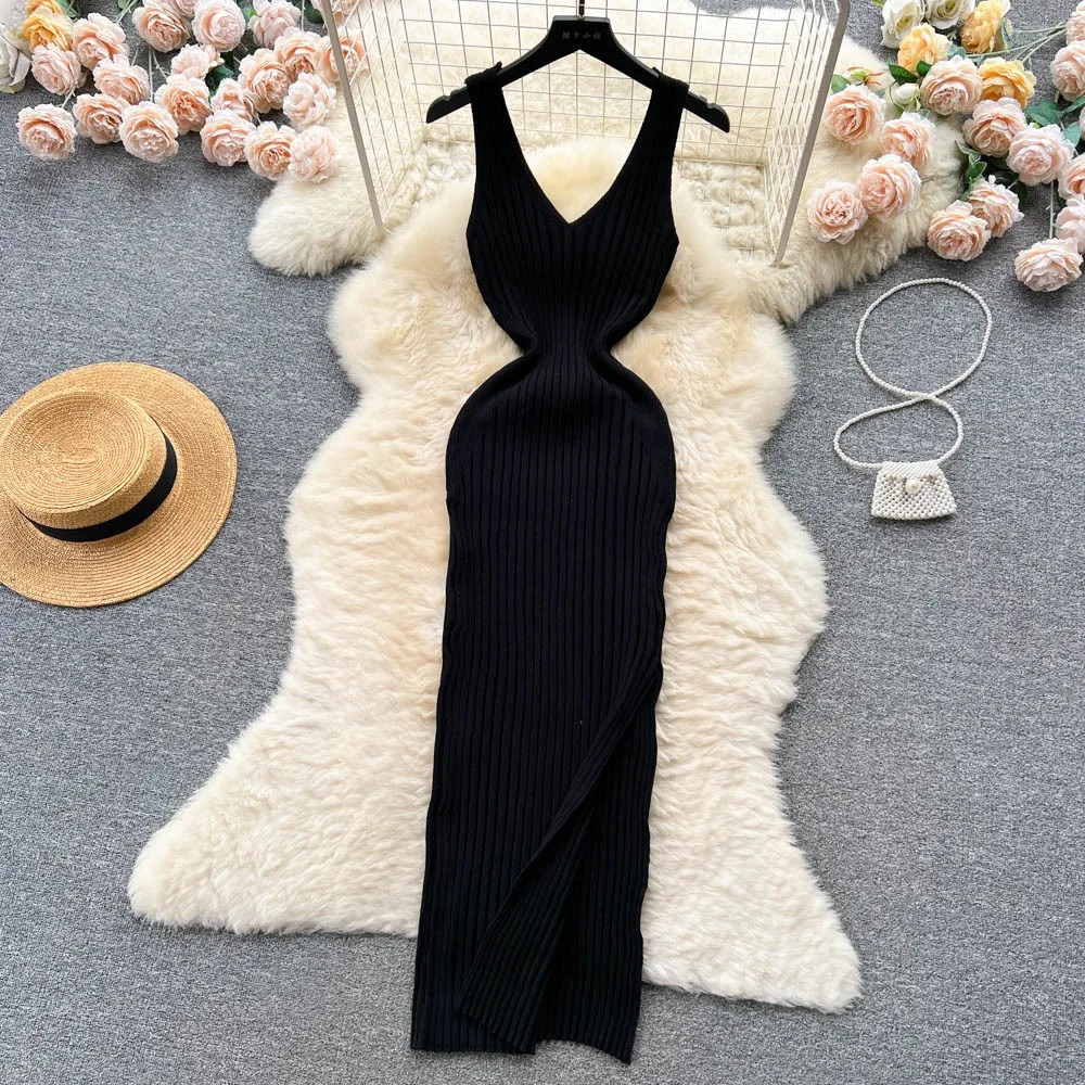Women V Neck Solid Ribben Knitted Dresses Casual All Match Slimple Sexy Package Hips Bodycon Dress Elegant Vestidos Streetwear 250614