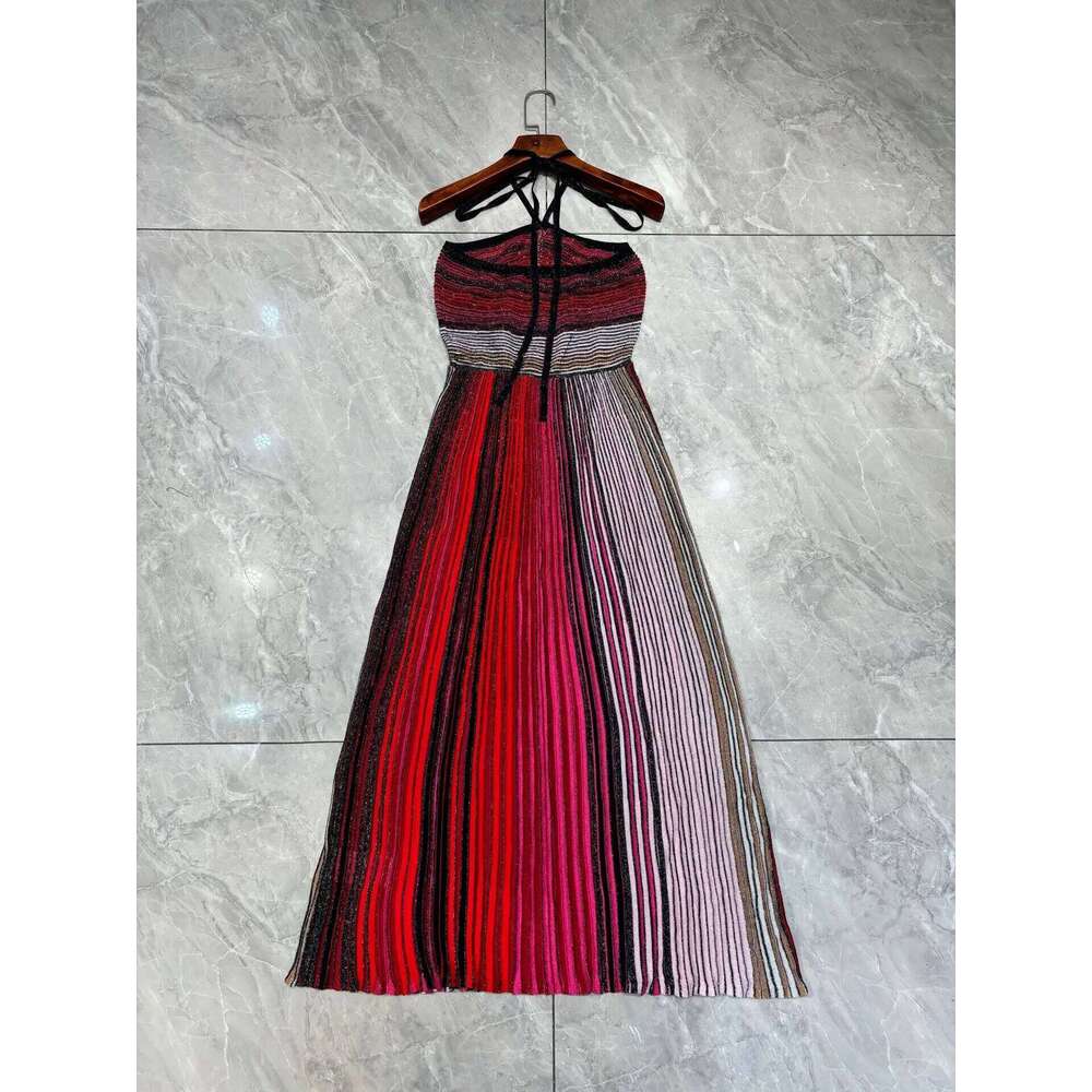 2025 New Women Halter Neck Knitted Long Dress Metallic Sequined Striped Sleeveless High Waist Holiday Ladies Robe