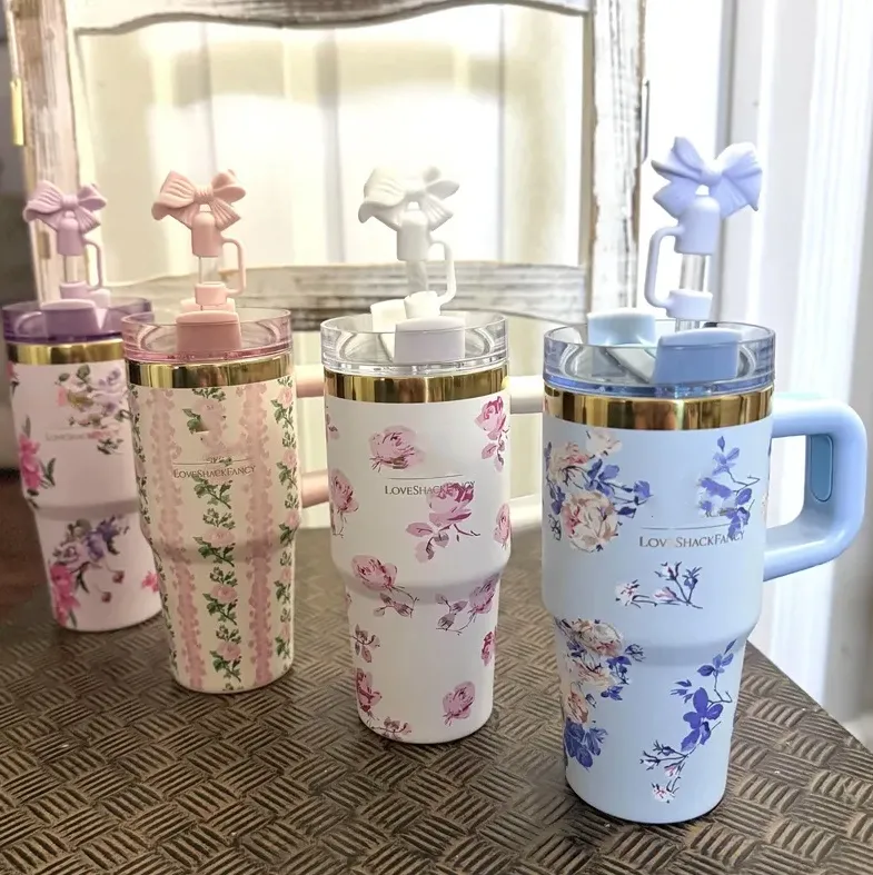 US Warehouse Love Shack Fancy 14 oz Tumbler with Bow Topper 304 Stainless Steel Car Thermos Cup Straw Cup Handle Cup Designer Cup 0616