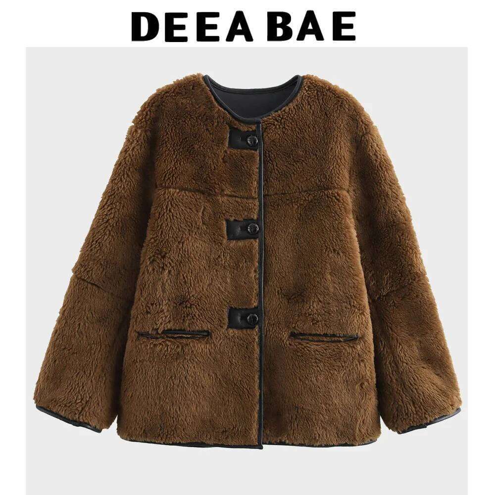 DEEABAE Winter Ladies Temperament Fashion Button Top Maillard Retro Ing Leather Faux Fur Coat Women