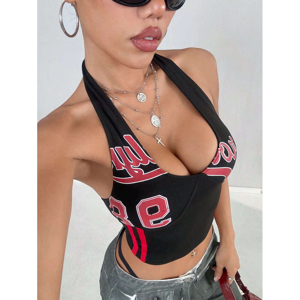 Summer New High Street Style Personality Hot Girl Halter Neck Tank Top With Letter Print B5