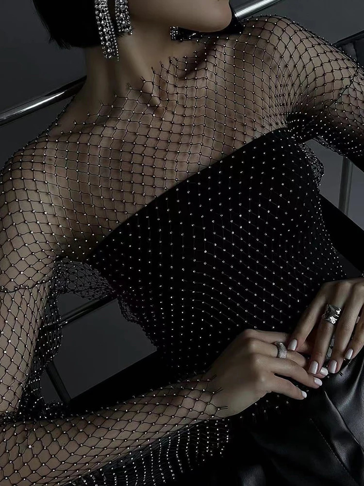 Sexy See Through Mesh T Shirt Glitter Rhinestone Fishnet Hollow Out Long Sleeve Crop Top Women Rave Party Club Base Shirt Tops 250614