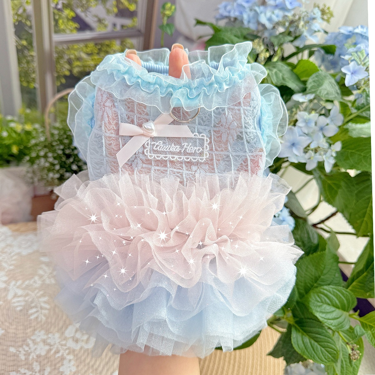 Gradient Gauze Lace Dog Dresses for Small Dogs Girl with D-Ring, Luxury Dog Party Dress with Multi-Layer Princess Tutu Skirt, Summer Embroidered Puppy