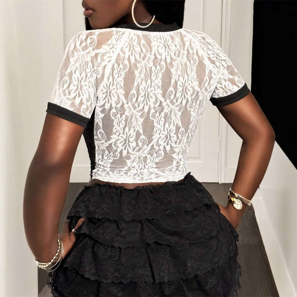 Summer Sexy Lace Mesh See-Through V-Neck Crop Top Short Sleeve T-Shirt B5