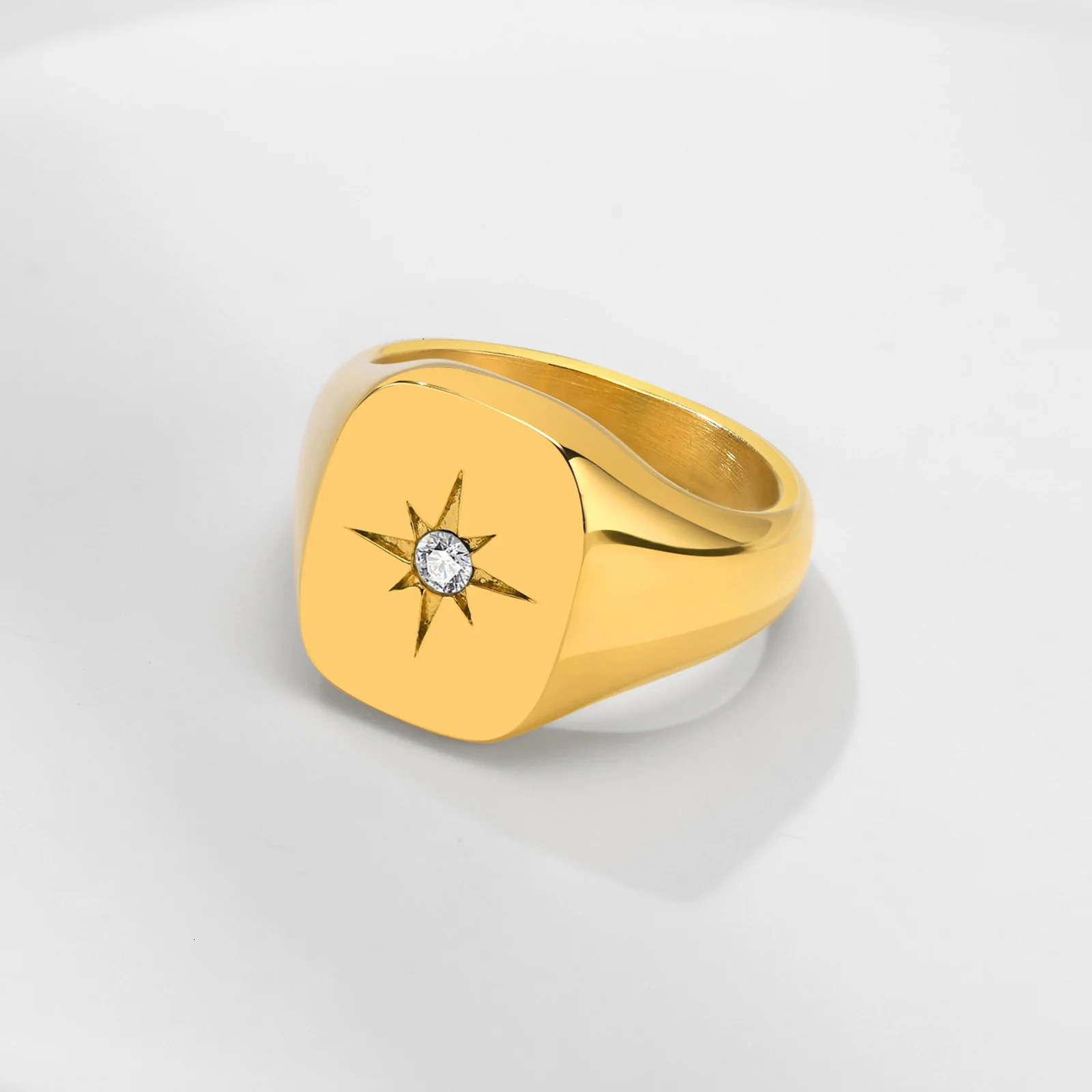 Women Fashion Star Signet Rings Gold Color Solid Metal Square Round Top Stamp CZ Stone Band Chic Boho Cool Jewelry 250610