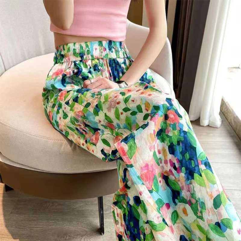 Beach Pants Loose Wide-Leg Pant Fe Seaside Leisure INS High Waist Cropped Pant Straight Floral Trousers 2024 Summer NewXJ250616