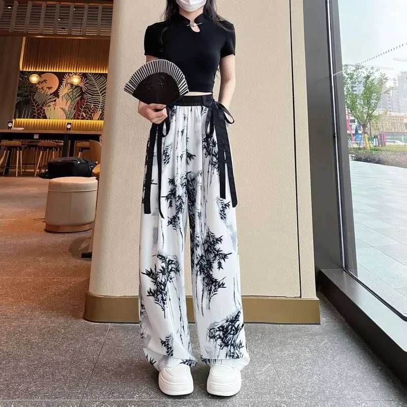 Womens Thin Casual Ice Silk Chiffon Wide Leg Pants 2025 Summer New Style Strap Drop Straight Tube Floor Trousers Korean WomenXJ250616