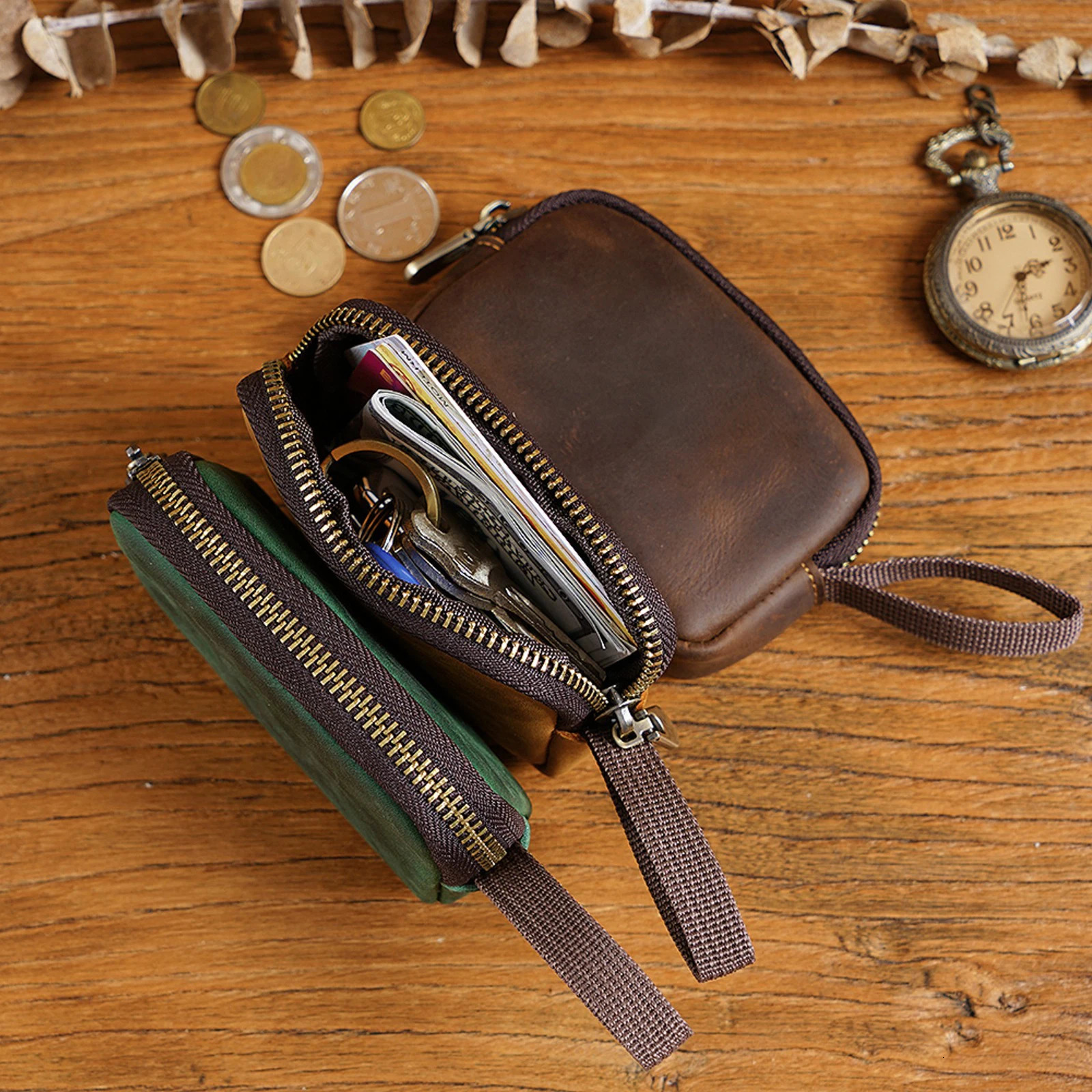 Genuine Leather Coins Purse with Keychain Mini Change Holder Cards Bag Zipper Closure Multifunctional Storage Bag for Men Women 250614