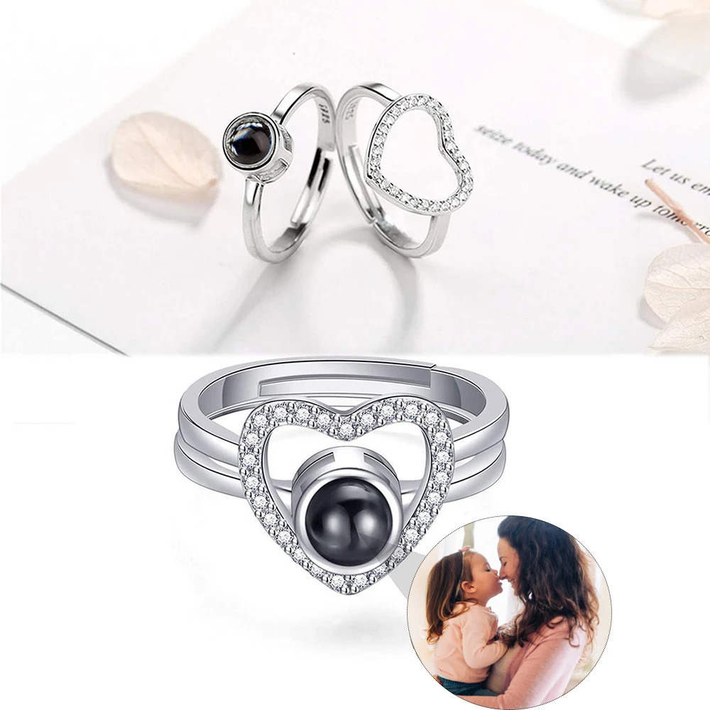 Personalized Projection Rings Po For Women Custom Picture Promise Ring Wedding Jewelry 2Pcs Heart Adjustable Christmas Gift 250610