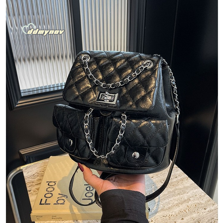 Single Shoulder for Female Students, Travel Solid Color Double Pocket Lock Small Backpack, Quilted Simple Bag ddmynov