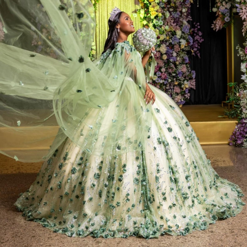 Green Quinceanera Dresses Ball Gown Off The Shoulder Sequin Applique Flower Beading Crystal With Cape Tull Sweet 16 Dress Vestidos 15 De Anos