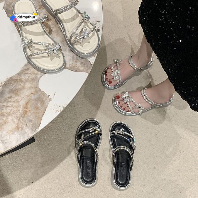 Rhinestone Decorated One-Strap Sandals French 2024 Summer New Outdoor Beach Two-Way Fairy Style Slippers Butterfly Trend ddmythur