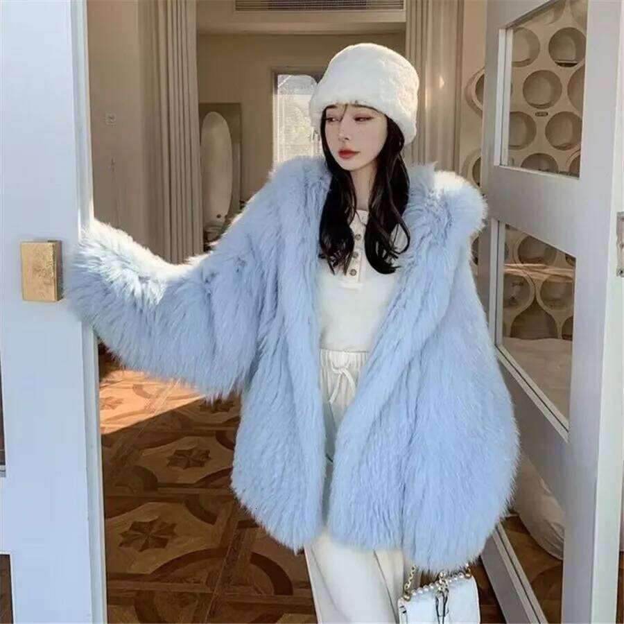 Blue Winter Warm Faux Fur Coat Women Bat Sleeve Thick Plush Fluffy Jacket Ladies Lazy Loose Hooded Outwear Clothing 2023