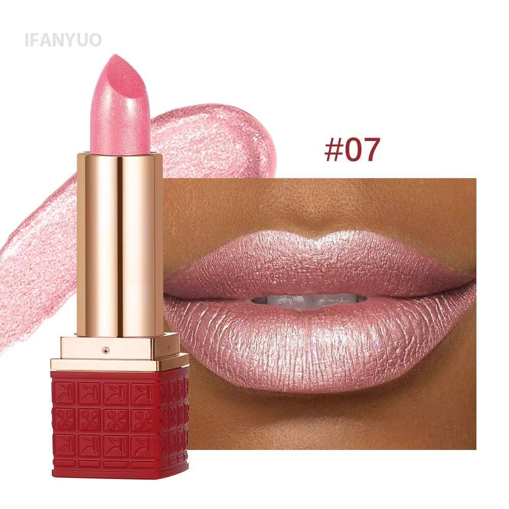 Rose Metallic Lipstick Glitter Lip Glaze Waterproof Long Lasting Moisturize Bright Red Pearlescent Shiny Lipgloss Makeup 12color happy