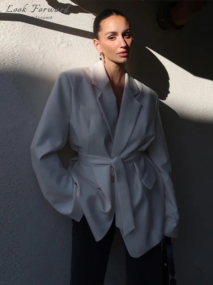 Casual Blazer Women Belt Lapel Long Sleeves Pocket Lace Up Female Coat Spring Autumn High Street Elegant Jacket Lady All-match 250614