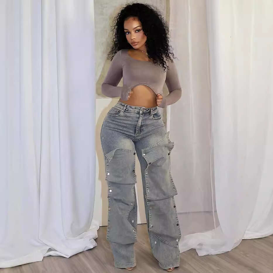 Women's Straight Leg Jeans Autumn Street Fashion Detachable Button High Waist Pants 2025 New Elegant Chic Clothing