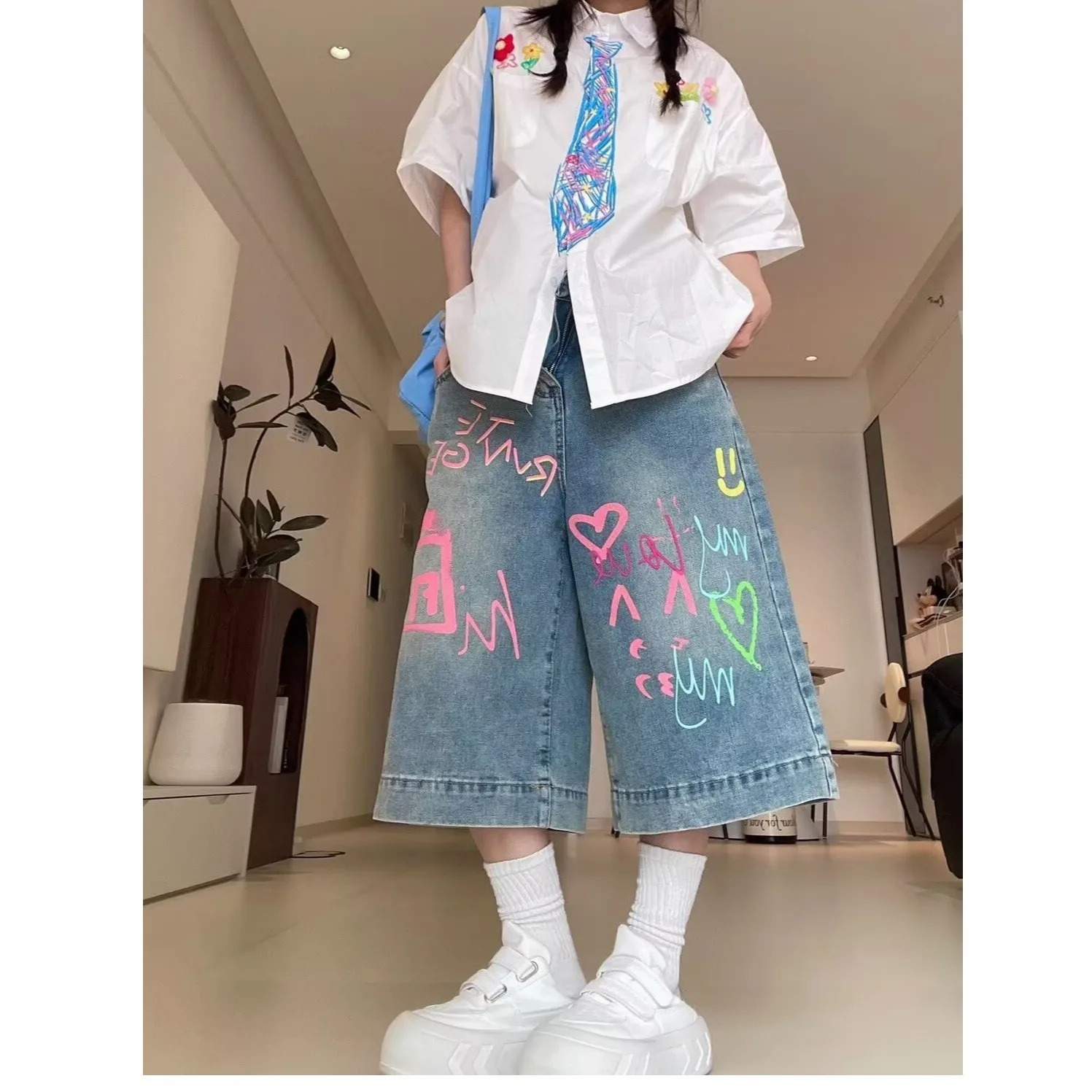 Summer Girls Shorts For Teen Girls Casual Knee-Length Jeans with Colorful Drawing Fashion Shorts Pants Age 250609