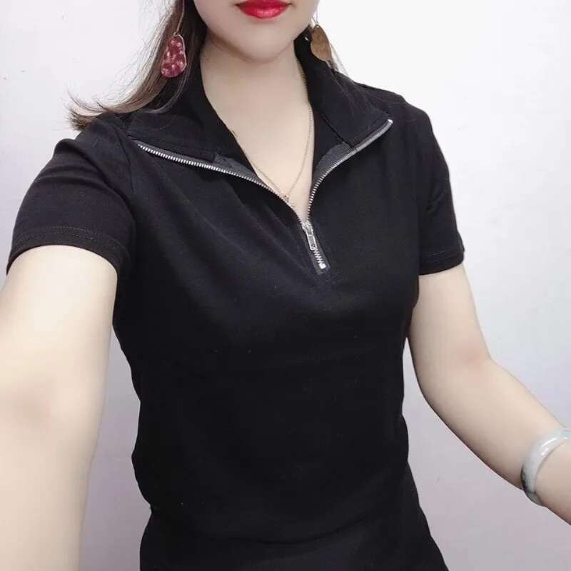 Polo Neck Shirt for Women Plain Slim Cotton Red Womens Woman T Clothing Trend 2025 Pulovers Korean Style Luxury in Fashion