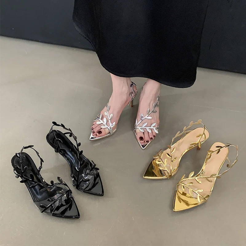 Golden Branch Jade Leaves High Heel Sandals Non-Slip Thin Heel Pointed Toe Gold Celebrity Style Transparent Rhinestone Chain 250610