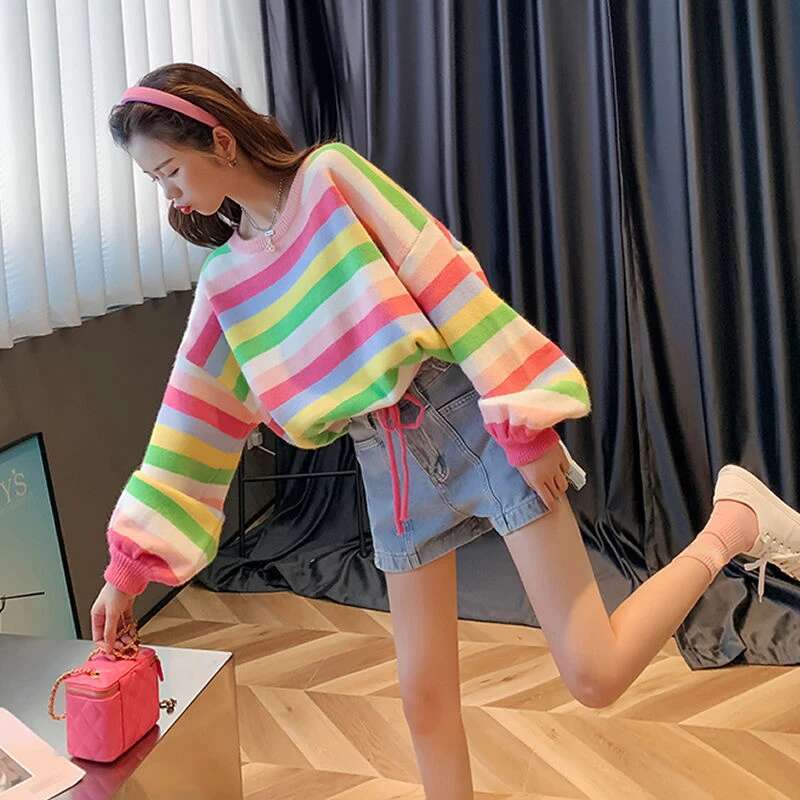 Cute Knit Tops for Woman Kawaii Womens Sweater Striped Pullover New In Korean Luxury Promotion Harajuku Fashion Warm Style Tall