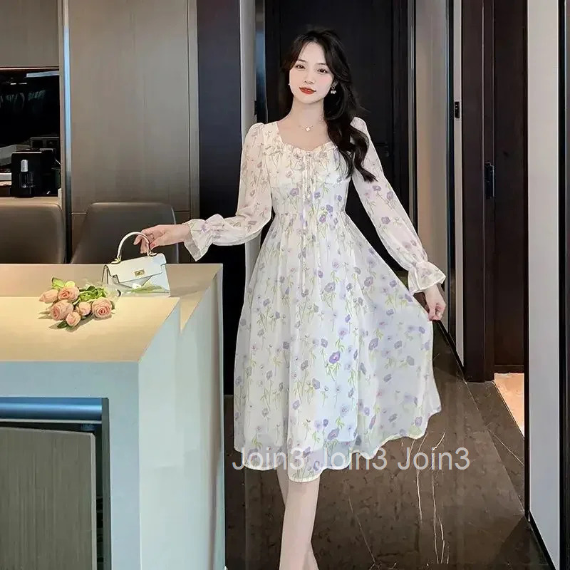 Midi Dresses for Women Chiffon Splicing Fashion Summer 2025 Woman Long Sleeve Dress Aesthetic Korean High Quality Luxury Loose X