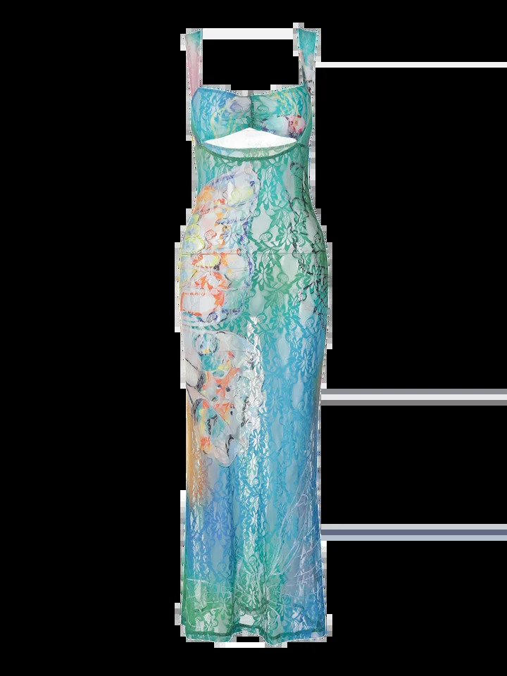 Dulzura Lace Print Cut Out Maxi Dress Bodycon Sexy Party Club Y2K Outfits Streetwear Bandage Dress Vestido Classic Prom 250614