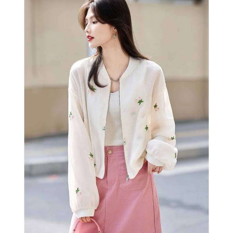 Women Spring Summer Korean Fashion Embroidered Solid Color Stand-Up Collar Coat Ladies Simplicity All-Match Office Lady Tops