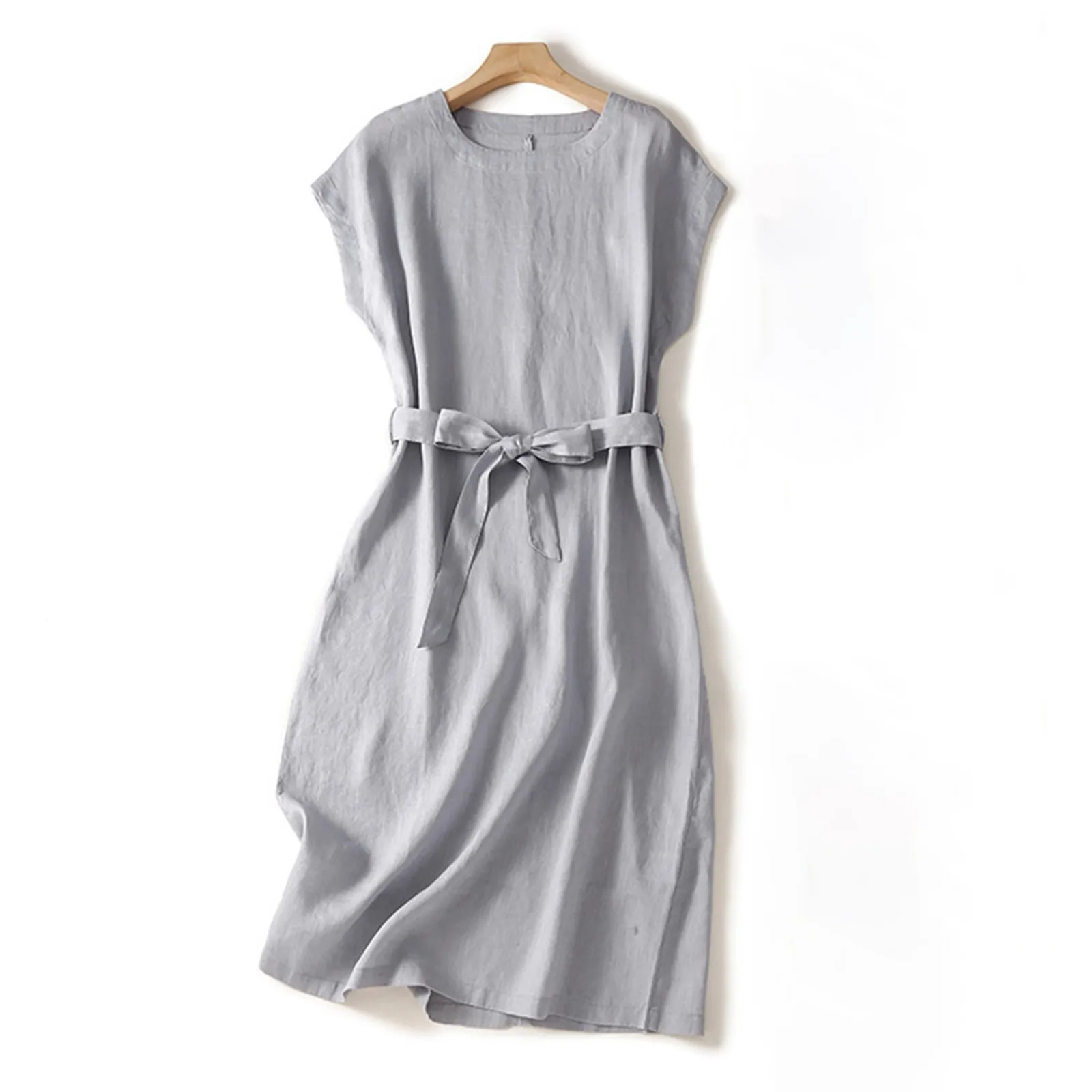 Dress For Women Casual Summer Vintage Cotton Linen Simple Maxi Dresses Short Sleeve Bowknot Strap Elegant Dresses 250611