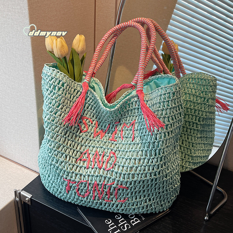 Summer Beach Vacation Fresh Mint Green Straw Ins Style Large Capacity Mori Literary Shoulder Bag ddmynov