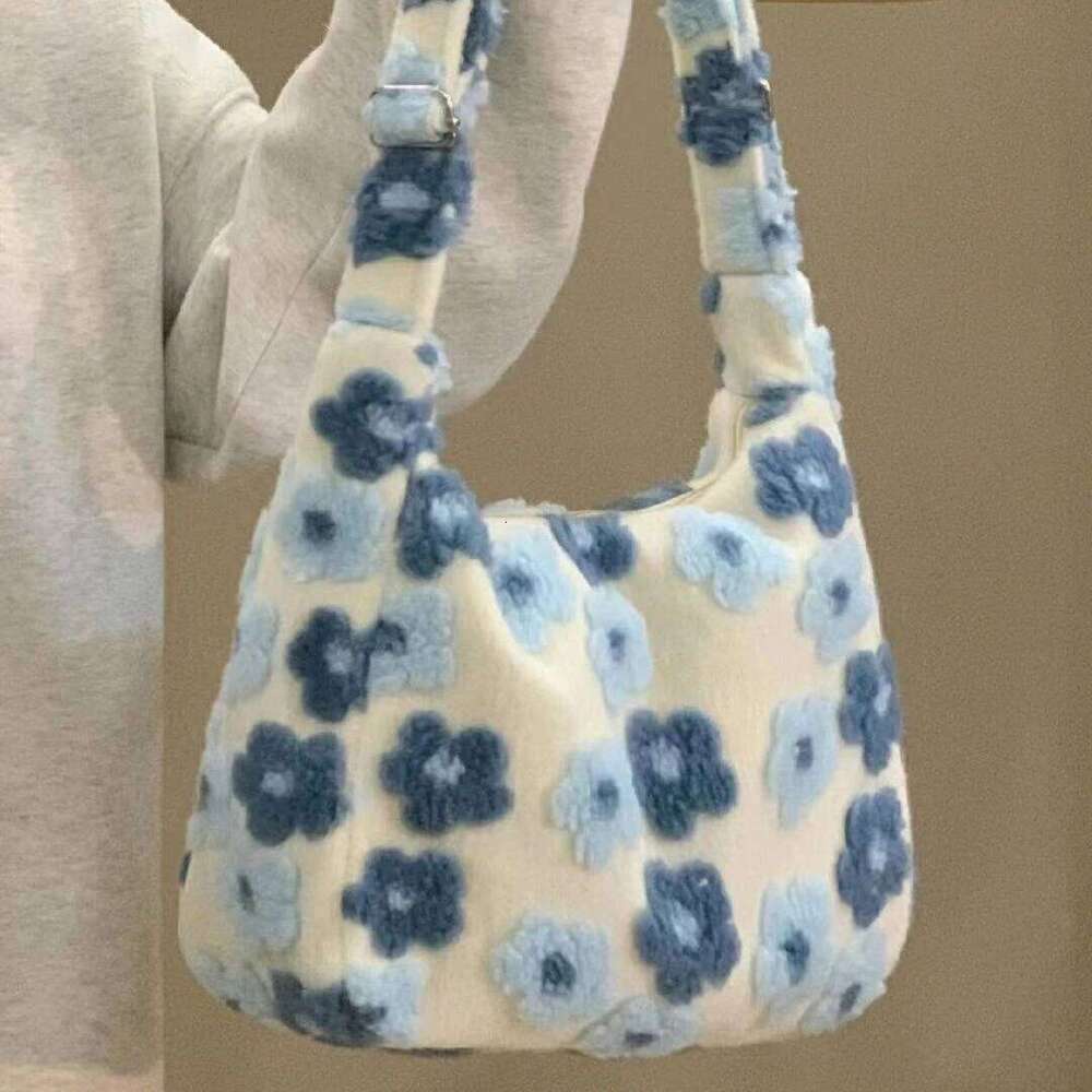 Autumn Winter Flower Lamb Wool Plush Student Large Capacity Tote Shoulder Bag Crossbody Bags For Women