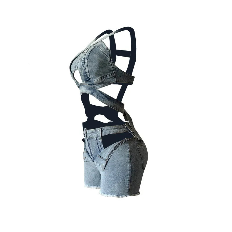 2 Piece Set Denim Shorts Suit Sexy Vest Top Strap Backless Jeans Short Pants Pockets Outfits 2025 Streetwear Ensemble 250612