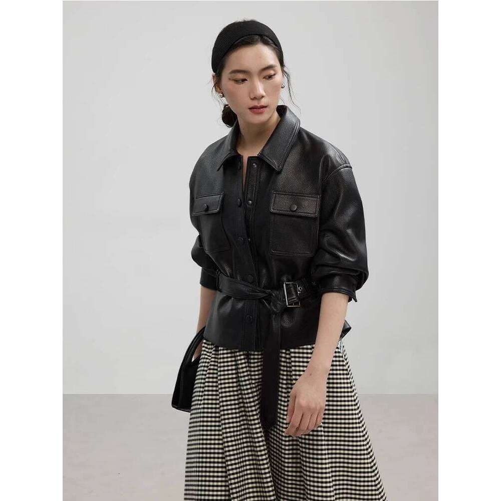 Casual Black Genuine Leather Jackets for Women Spring Autumn High-end Simple Lychee Texture Short Real Sheepskin Coat with Belt