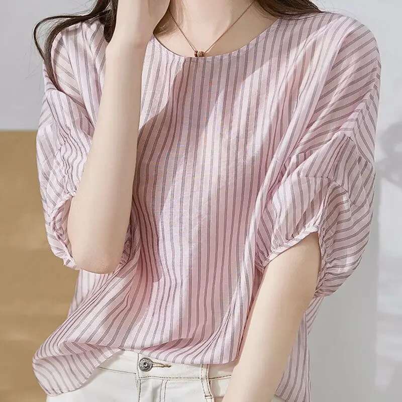 Loose Striped Female Tops Crop Summer Womens Shirt And Blouse Youthful Woman Clothes Xxl Premium Clothing Trend 2025 Xl M