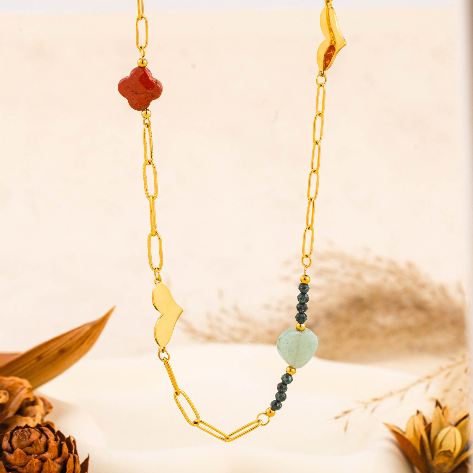 Fashionable and Elegant Style Personality Natural Stone Heart Necklace for Women Titanium Steel Versatile Non-Fading Jewelry