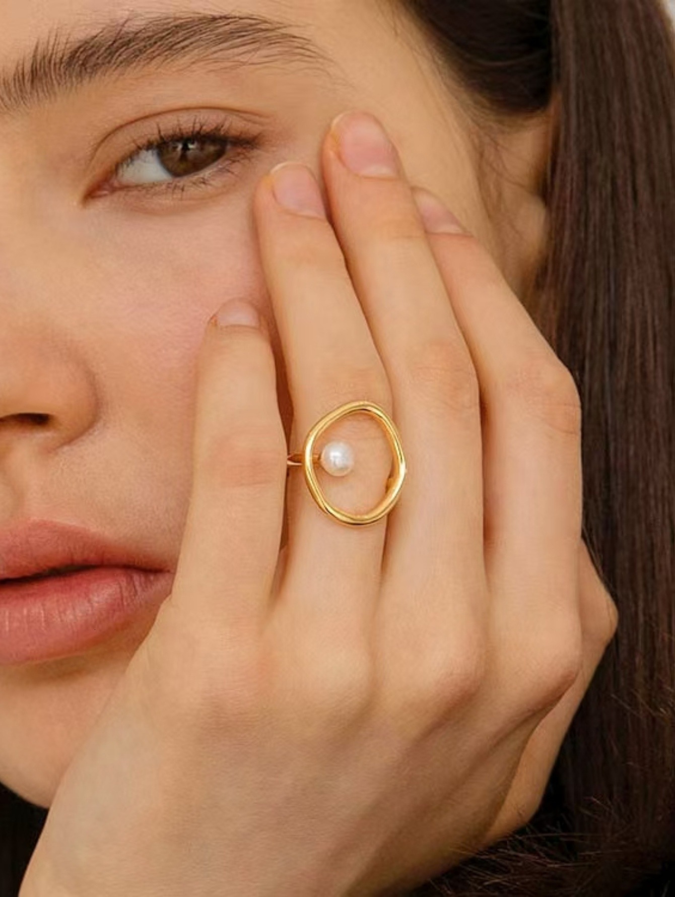 Pearl Irregular for Women Gold Titanium Steel High-end Non-fading Ring