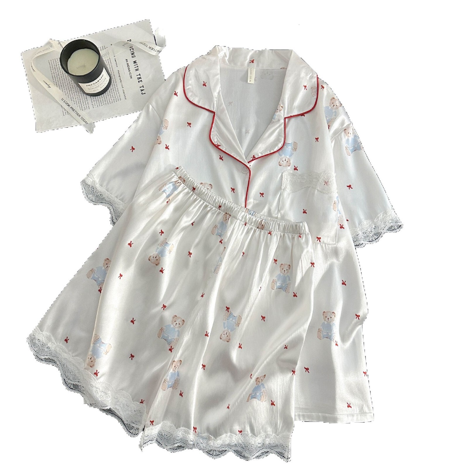 2025 New Ice Silk Women's Pajamas Summer Short Sleeve Set High end Silk Imitation Designer Home Clothes Cartoon Cute Coat 5