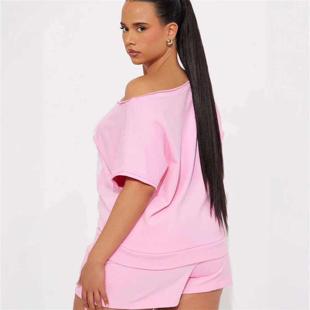 Summer American Style Digital Print Off-Shoulder Asymmetric Neck Top And High-Waisted Bodycon Shorts Set For Women B5