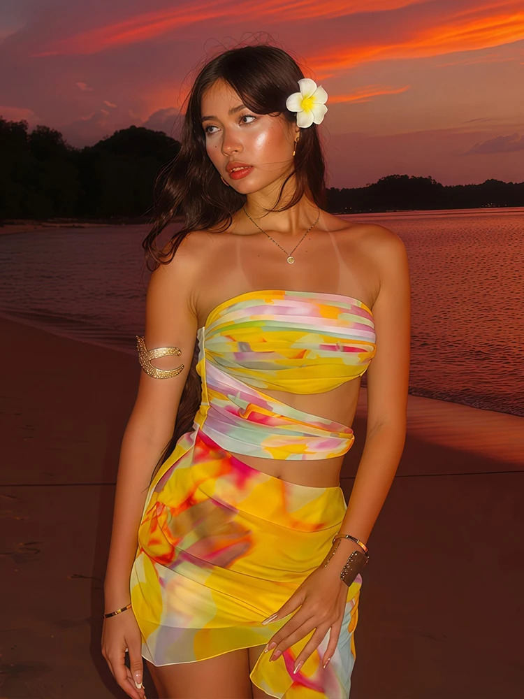 Nibber Mesh Colorful Print Strapless Dress Women Thin Irregular Multilayer Side Knot Hollow Beach Vacation Club Mini Bodycon 250611