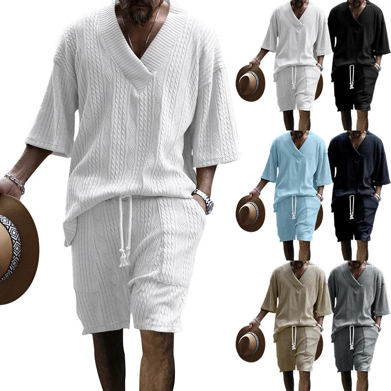 Summer Mens High Street Casual Loose Jacquard Sportswear VNeck Short Sleeve Shorts Fashion Suit 250612