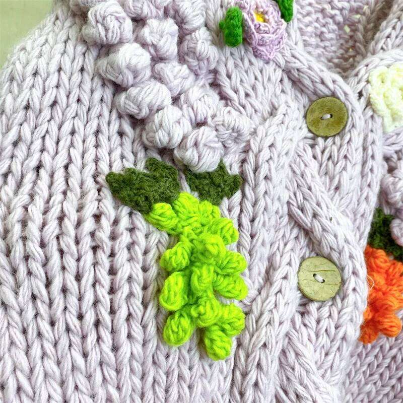 Women Hand-Knitted Cardigan With 3D Flower Design Vintage Twisted Chunky Sweater 2023 Winter New In