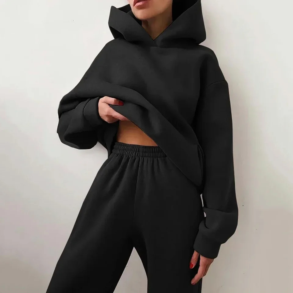 Stylish 2 Piece Women Tracksuit Autumn Winter Hoodies Top Pant Sweatshirts Sweatpants Jogging Pant Outfits Solid Color 250614