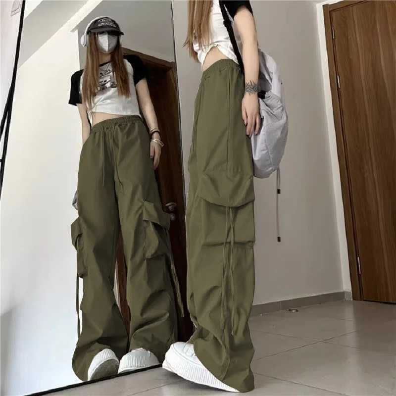 Y2K Retro Baggy Pants Fashion Women Solid High Waist Pocket Oversized Joggers Cargo Pant Casual Streetwear Drstring TrousersXJ250616