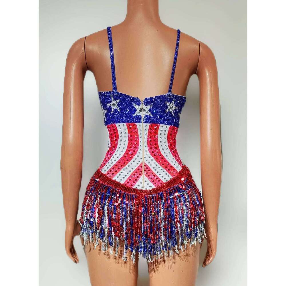 Women Beading Tassel Bodysuits Spaghetti V Neck Special Occassion Topic Evening Party Nightclub Stage Costumes