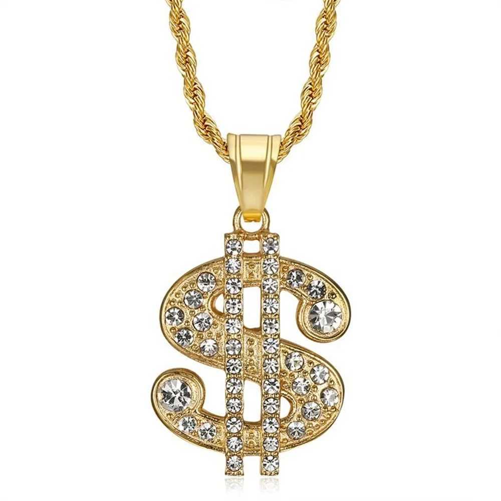 New Arrival Mens Hip Hop Rapper Gold Color Iced Out Bling Dollar Sign Pendant Stainless Steel Money Necklaces With Rope Chain Jewelry V250616