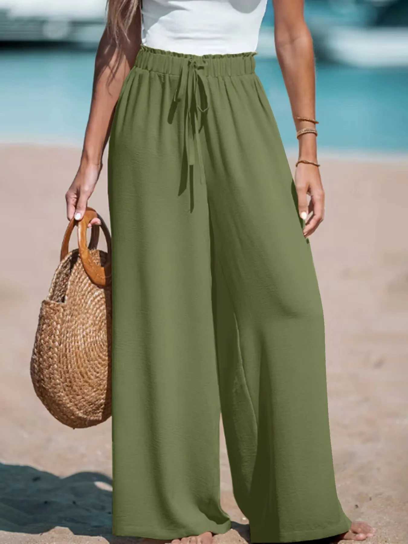 2025 New Spring Summer Baggy Pants Fashion Women Solid Oversized Drstring Wide Leg Pant Casual Office Lady Ele TrousersXJ250616