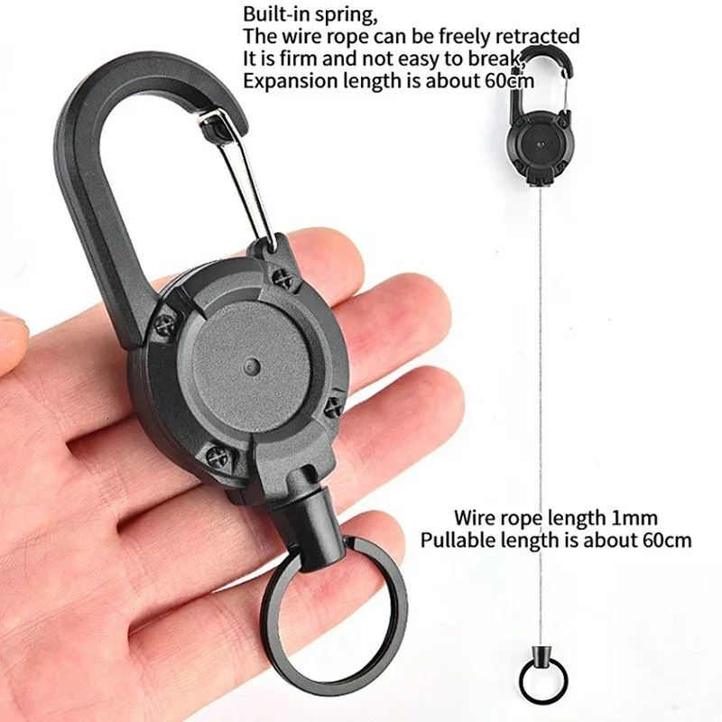 Retractable Heavy Duty Pull Reel Carabiner Key Chains Strong Steel Wire Rope Buckle Spring Ring Outdoor Sporty Keychain Tool 250606