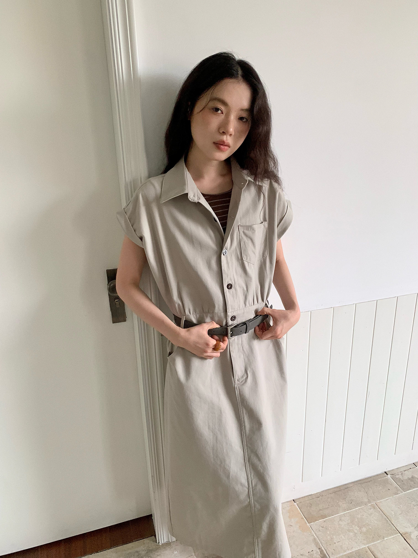 GY240 Flying sleeve waist mid-length style simple casual dress