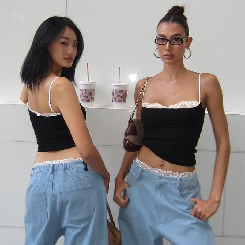 Cryptographic Summer Lace Trim Camisole Tops Club Party Outfits Backless Streetwear Sleeveless Crop Top Coquette Clothes 250614