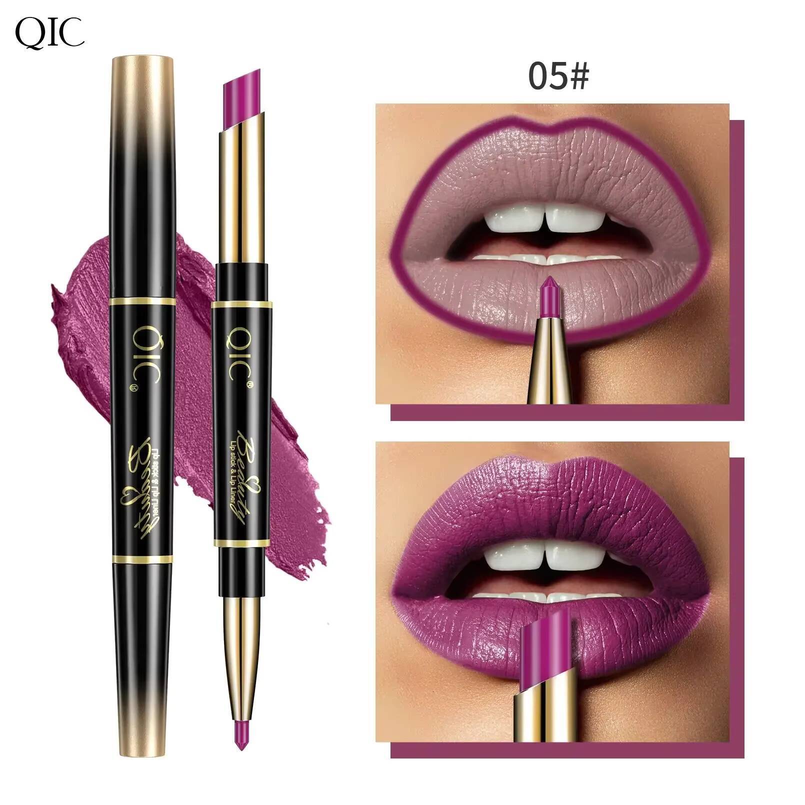 QIC Double Ended Matte Lipstick & Liner Nude 2 in 1 Lipliner Makeup Long Lasting Purple Pencil Lip Stain Cosmetic happy