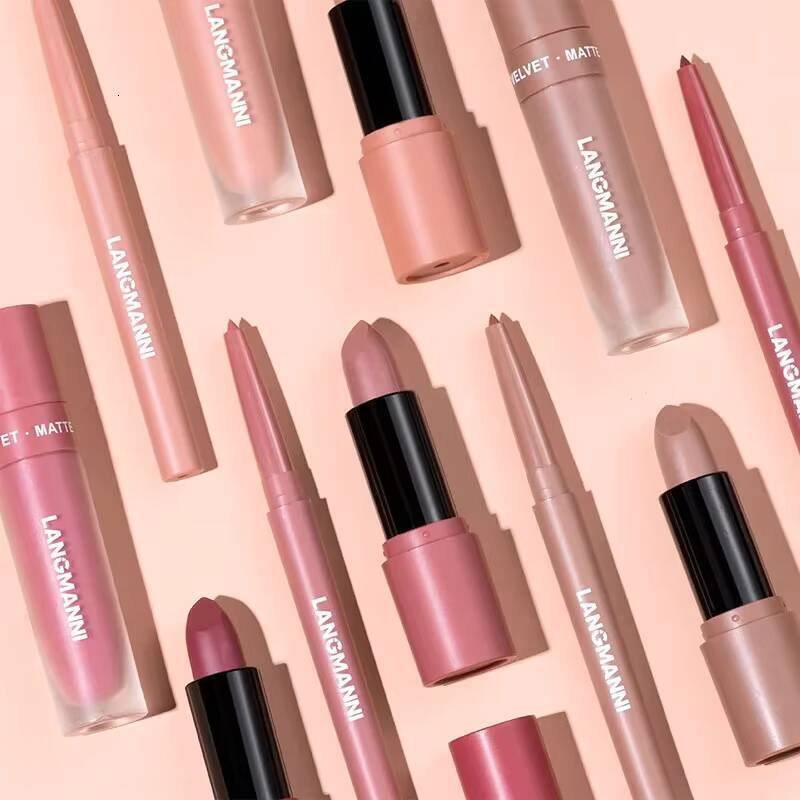 3PCS Matte Lipstick Set Nude Brown Velvet Liquid Gloss Waterproof Non-stick Cup Lip Liner Plumper 24HR Lasting Not Easy Fade happy